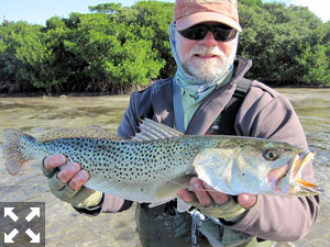Rick Grassett with a trout caught and released on a Grassett Flats Minnow fly while wading a Sarasota Bay sandbar in a previous January.