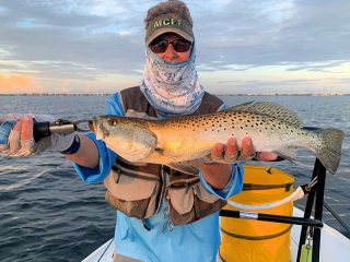 Mangrove Coast Fly Fishers (MCFF) president Ken Babineau, from Sarasota, with a red and trout caught and released on a fly while fishing Sarasota Bay with Capt. Rick Grassett recently.