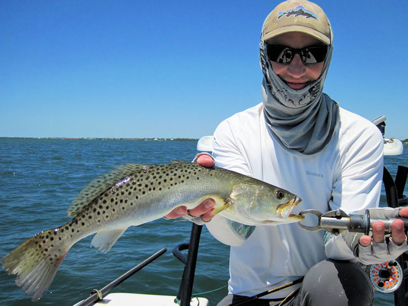 There should be good action with trout and more on deep grass flats during April. Matt Schenk, from CO, caught and released this trout on a fly while fishing Sarasota Bay with Capt. Rick Grassett in a previous April.