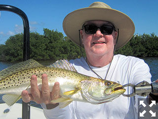 February is usually a good month to fish skinny water. Jack McCulloch, from Lakewood Ranch, fished Gasparilla Sound in a previous February with Capt. Rick Grassett to catch and release this trout on a CAL jig with a shad tail.