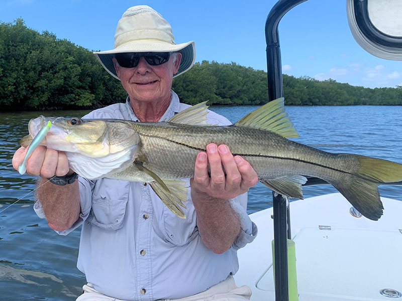 Keith McClintock from Lake Forest, IL, with a snook he caught and released on CAL jigs with shad tails while fishing Gasparilla Sound with Capt. Rick Grassett.