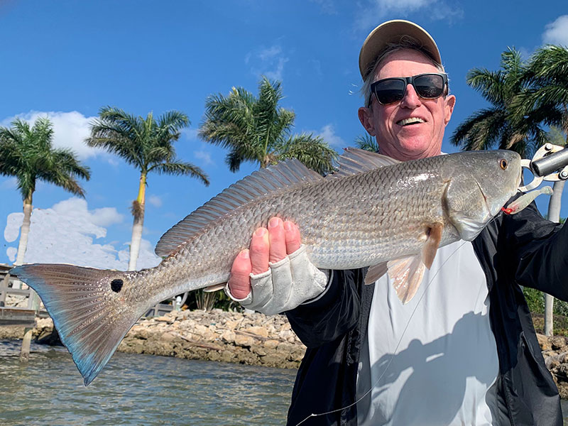 Marshall Dinerman shown again here with a red caught and released on a CAL jig with a shad tail while fishing Sarasota Bay with Capt. Rick Grassett.