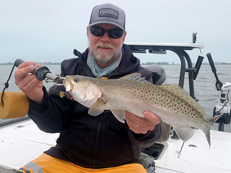 Capt. Rick Grassett with a beautiful looking spotted sea trout caught and released in the cooling waters of Sarasota Bay.