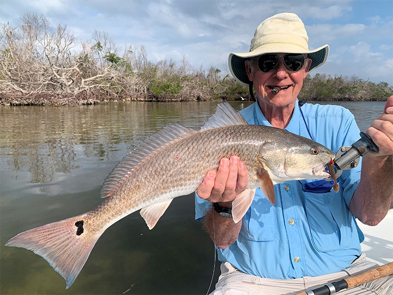 Keith McClintock, from Lake Forest, IL, with a Red he caught and released on CAL jigs with shad tails recently while fishing Gasparilla Sound.