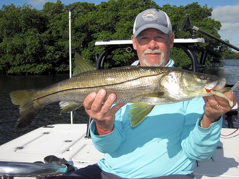 Mike Perez, from Sarasota, with a snook caught and released on CAL jigs with a shad tail in a previous April.