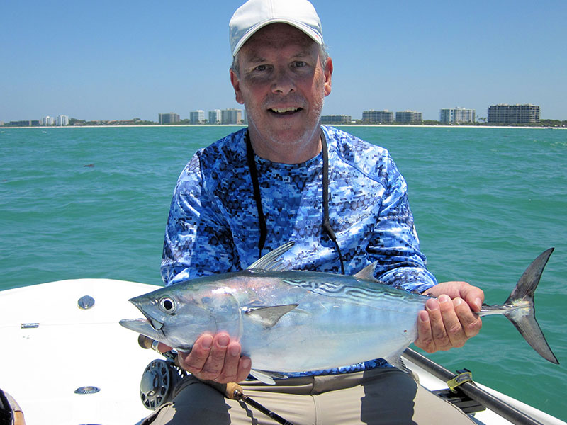 Mark Nielsen, from Seaford DE, with a false albacore, caught and released while fly fishing the coastal gulf on different trips in a previous May.