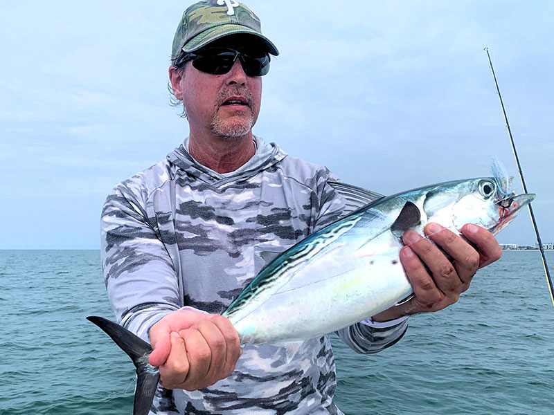 Dan Timmins, from PA, with a false albacore caught and released on flies while fishing the coastal gulf with Capt. Rick Grassett recently.