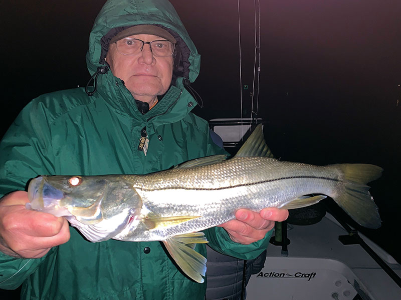 January can be great for night fly fishing action as long as it doesn't get too cold. Palmetto winter resident, Jerry Poslusny, with a nice snook caught and released on on a fly with fishing the ICW with Capt. Rick Grassett in a previous January.