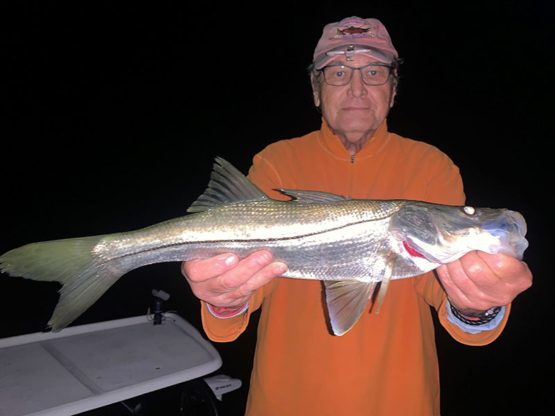 Palmetto winter resident, Jerry Poslusny, with a snook caught and released on a fly while fishing the ICW at night with Capt. Rick Grassett recently.